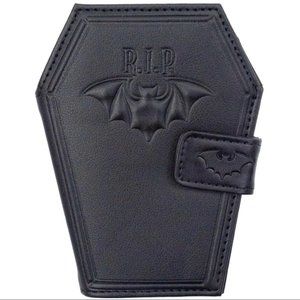 Coffin Shape Black RIP Bat Bi-Fold Wallet Vegan Leather Chain Hole Snap NWT
